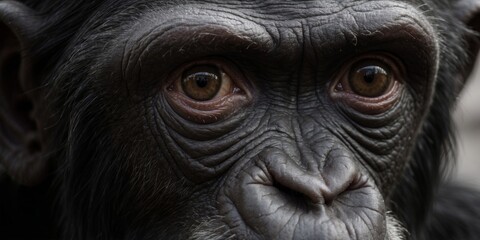 Intense black white close-up of chimpanzee's face.