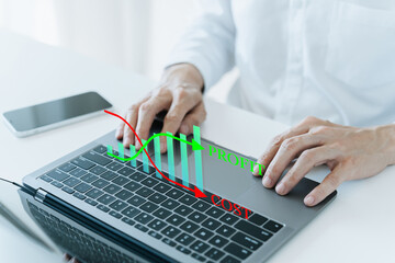 Business strategy analysis and planning or project budget management. Businessman with chart or graph of cost or saving efficiency control reduction. Marketing or financial performance development