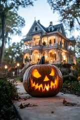 A carved pumpkin with a menacing face sits in front of a Victorian-style house during Halloween.