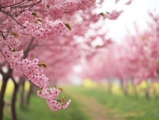 Obraz premium Pink cherry blossoms in full bloom along a pathway, creating a serene and picturesque scene, symbolizing the beauty of spring.