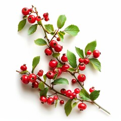 A branch of red berries with green leaves isolated on a white background.