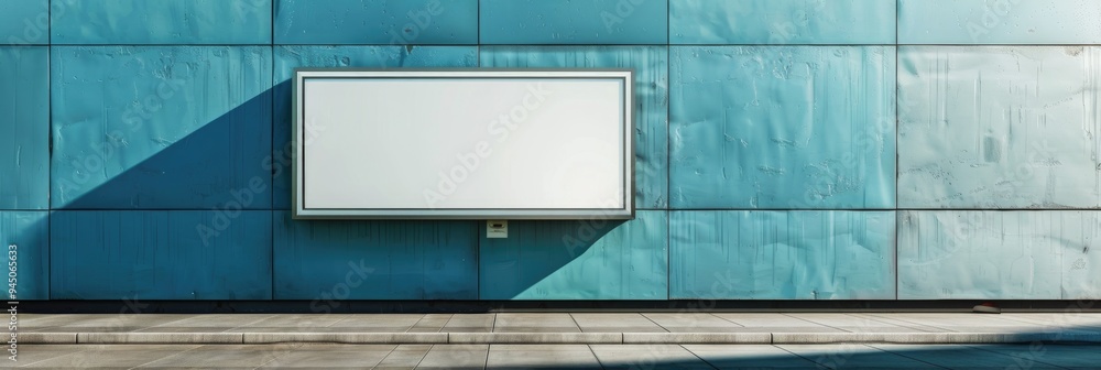 Poster mockup of a large empty horizontal billboard in a retail space with a blue backdrop