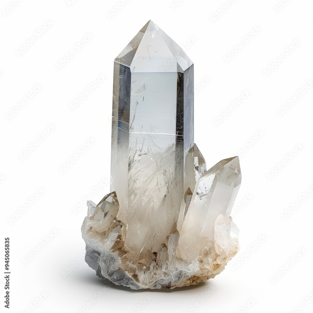 Poster a clear quartz crystal cluster with a pointed tip, standing on a rough base of quartz. the crystal i