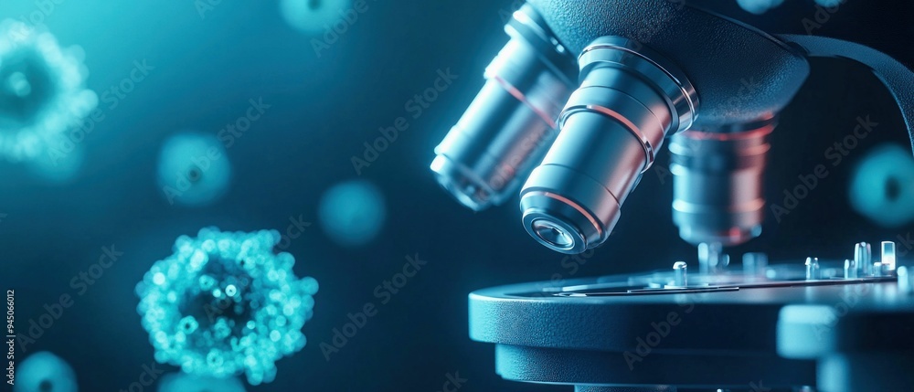 Poster close-up of microscope with colorful background in laboratory