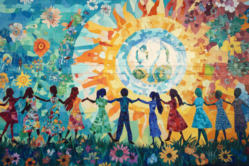 A colorful mural depicting people of different cultures, ages, and abilities holding hands, surrounded by symbols of peace, equality, and justice, celebrating diversity and harmony