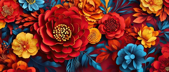 Artistic paper cut floral pattern blending traditional motifs with contemporary design elements in a rich, vibrant color scheme
