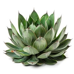 Fototapeta premium A close-up of a green agave plant with sharp, pointed leaves isolated on a white background.