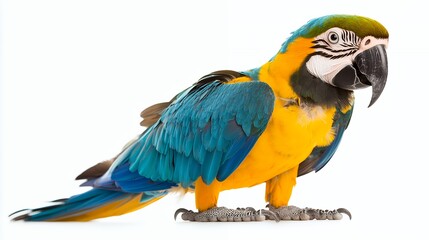A vibrant blue and yellow macaw stands elegantly, showcasing its colorful feathers.