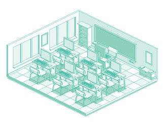 Isometric empty computer classroom in school. Outline style with green lines. Room with desk tables, chairs, monitors and keyboards. Workspace with windows.