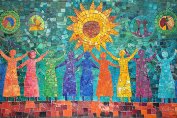 A colorful mural depicting people of different cultures, ages, and abilities holding hands, surrounded by symbols of peace, equality, and justice, celebrating diversity and harmony