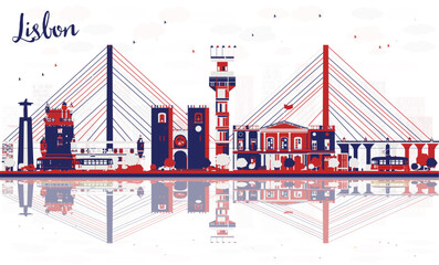 Abstract Lisbon Portugal city skyline with color buildings and reflections. Cityscape with landmarks.