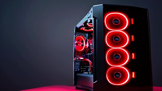 A black computer case with red RGB lighting and visible internal components.