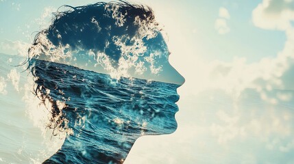 Double exposure of a person with ocean waves crashing and reflective water surface creating a tranquil effect