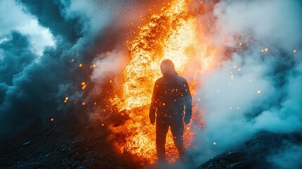 Fototapeta premium Dramatic double exposure image of a person and fiery volcano eruption vivid lava and smoke