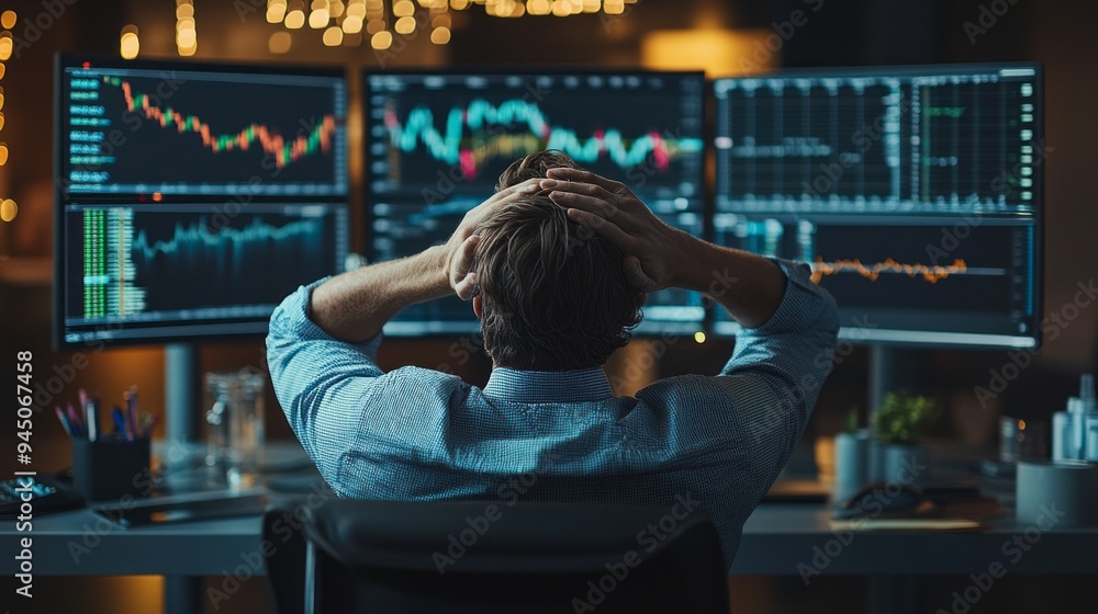 Poster A man is sitting at a desk with three computer monitors in front of him
