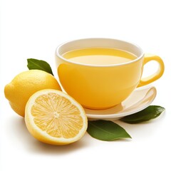 A cup of lemon tea with lemons and leaves on a white background.