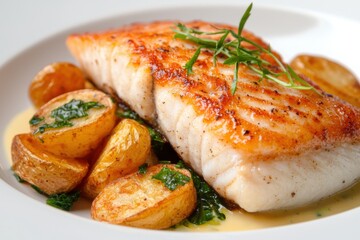 Deliciously cooked fish fillet served with roasted potatoes and fresh herbs on a white plate, perfect for gourmet dining.