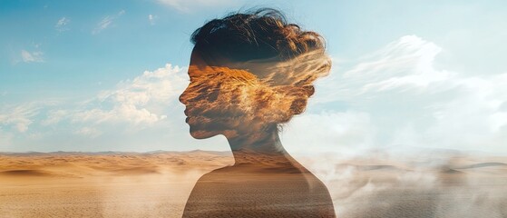Dreamlike double exposure featuring a person and a vast desert landscape golden sands and distant horizons