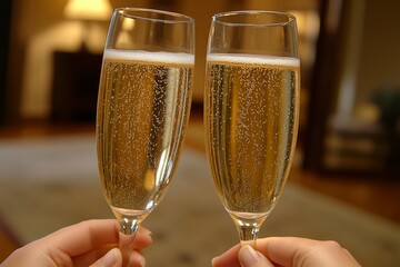 Close up of two champagne glasses with holiday lights in the background representing festive celebrations joy and the elegance of seasonal gatherings during Christmas or New Years Eve