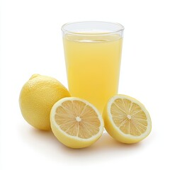 A glass of fresh lemon juice with two whole lemons and one sliced in half.