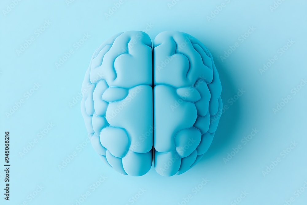Poster minimalist top down view of a blue brain model on a light blue background symbolizing mental clarity