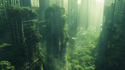 Fototapeta premium A cityscape merging with a dense forest, where skyscrapers are overgrown with vines and trees, blending urban and natural landscapes into one surreal scene.