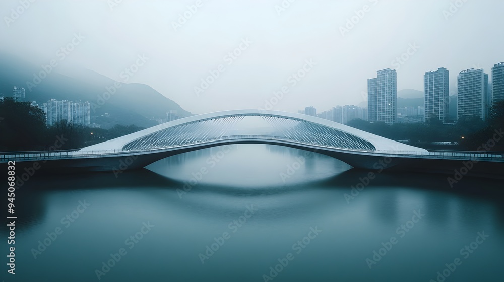 Poster futuristic modern bridge structure spanning across a river in an abstract minimalist cityscape setti