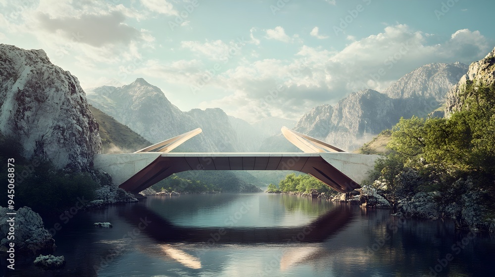 Poster panoramic view of a sleek modern futuristic bridge structure spanning across a scenic river or water