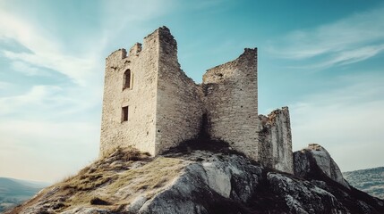 Majestic Ancient Stone Castle Fortress Perched Atop Scenic Hilltop with Cloudy Sky Backdrop in Countryside Landscape  Historical Medieval Architecture with Towers Turrets and Walls