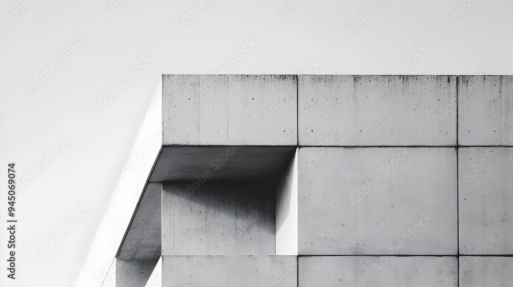 Poster photograph of a sleek modern concrete building with clean minimalist lines and geometric patterns of