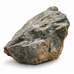 Obraz premium A large, gray, and brown rock with visible veins of white and yellow minerals, isolated on a white background.