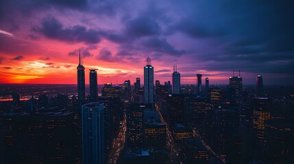 Obraz premium Breathtaking sunset view of a modern city skyline with skyscrapers and high rise buildings silhouetted against the vibrant evening sky