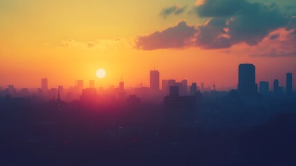 Fototapeta premium Vibrant urban skyline at sunset with silhouetted skyscrapers and buildings against a dramatic sky filled with clouds and warm lighting Ideal for backgrounds landscape travel or business concepts