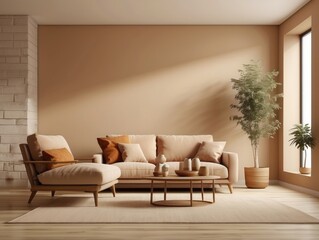 Modern Living Room with Beige Sofa, Chaise Lounge, and Plants