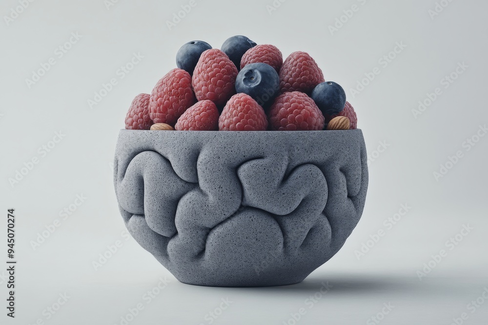 Poster brain shaped bowl filled with mixed berries symbolizing the direct connection between diet and cogni