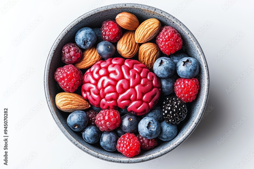 Poster a creative presentation of mixed berries and nuts with a brain motif in the center emphasizing the r