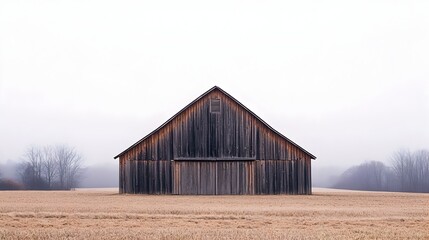 Obraz premium Rustic Wooden Barn Nestled in a Serene Rural Countryside Landscape with Pastoral Fields Foliage and Cloudy Sky