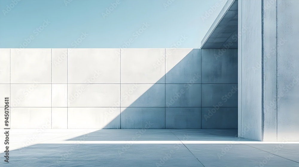 Poster photograph of a minimalist concrete building with clean geometric lines and ample copy space for tex