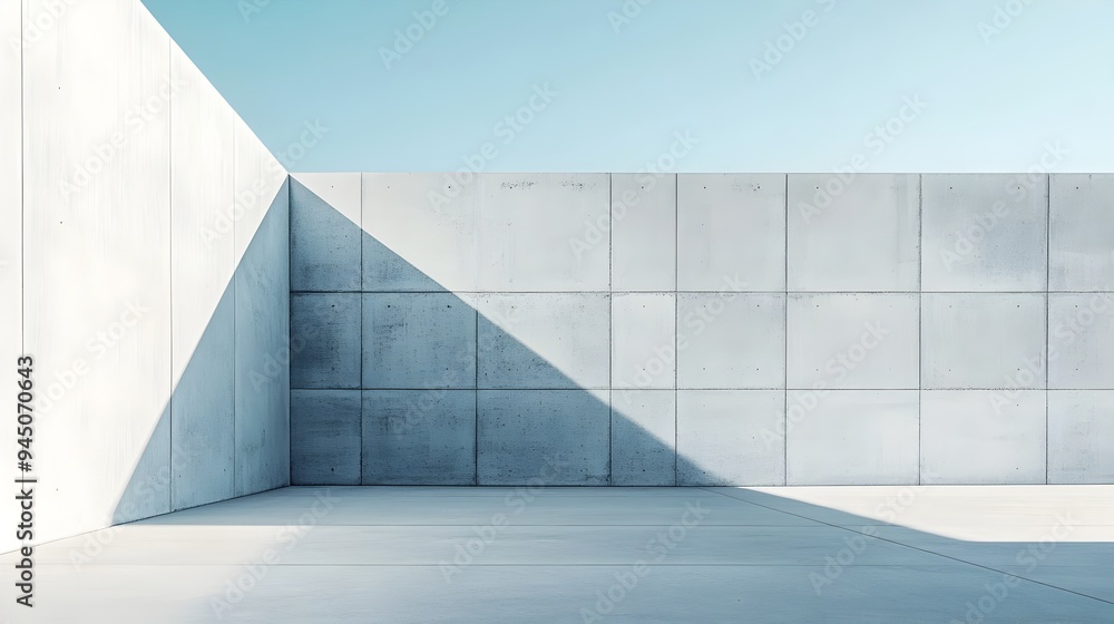 Poster photograph of a minimalist concrete building featuring clean lines geometric patterns and ample copy