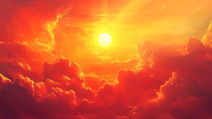 Fototapeta premium Scorching Hot Summer Day - Intense Sunlight, 40Â°C Temperature, Red and Yellow Sky, Clouds, Heatwave Environment