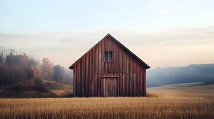 Obraz premium Picturesque rustic wooden barn nestled in a peaceful natural countryside setting The barn s weathered charming exterior is surrounded by lush fields rolling hills