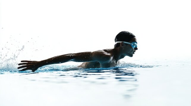 An athlete swims gracefully, creating splashes in the water. Ideal for fitness and sports-related projects.