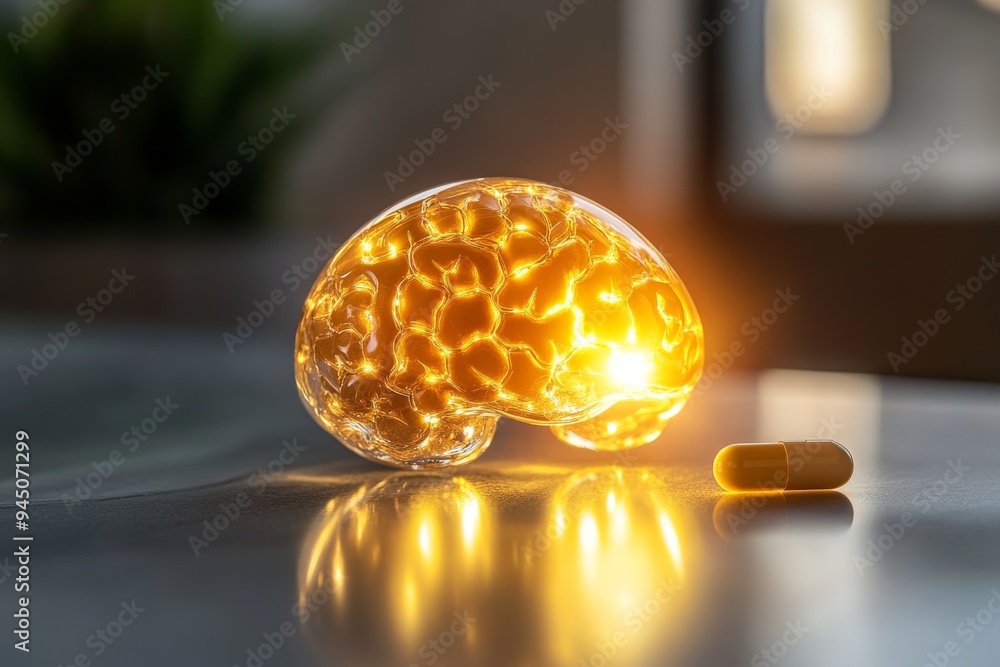 Poster glowing golden brain model placed on a reflective surface symbolizing intelligence cognitive enhance