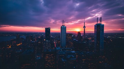 Fototapeta premium Captivating photograph of a metropolitan urban skyline at sunset showcasing the silhouettes of towering skyscrapers and high rise buildings against a vibrant color gradient of orange red