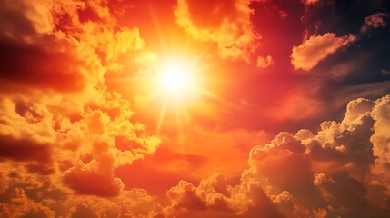 Fototapeta premium Intense Summer Heat Wave: Sun Blazing at 40Â°C with Red and Yellow Skies, Scattered Clouds, Sweltering Atmosphere