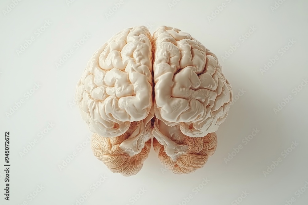 Poster realistic brain model on a white background highlighting the lifelike representation of brain struct
