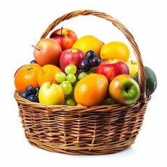 A wicker basket filled with a variety of fresh fruits including apples, oranges, grapes, lemons, and a mango.