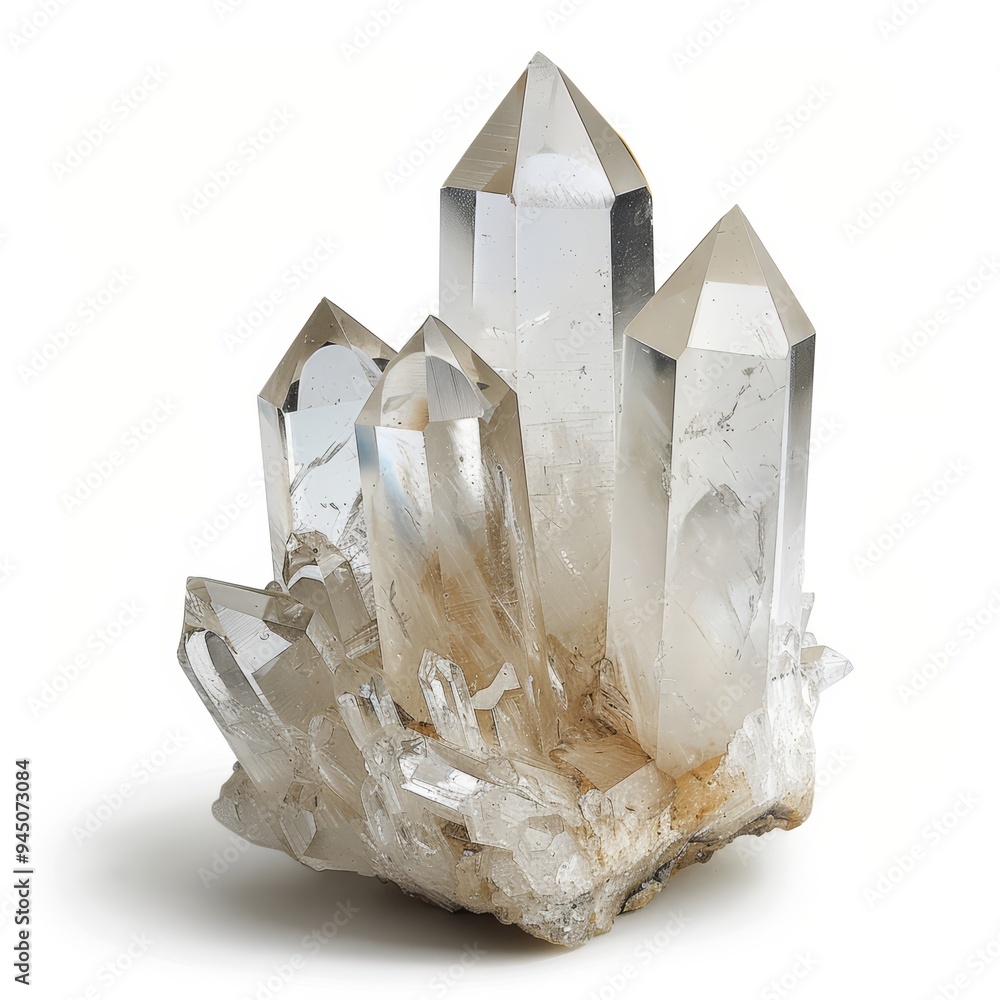 Poster clear quartz crystal cluster with multiple points on a white background.