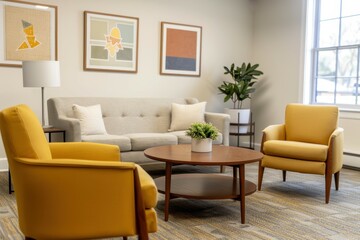 Fototapeta premium Stylish living room featuring yellow armchairs, a grey sofa, and neutral decor elements, creating a cozy and inviting space.
