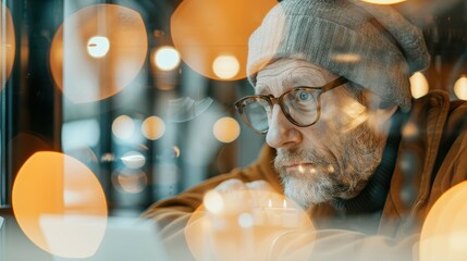 A pensive elderly man wearing glasses and a beanie, reflected through a window with warm candlelight and bokeh lights, deep in thought.